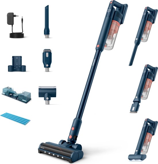 Philips Aspirateur-balai avec fonction serpillière XC5141/01 Aqua - Sans fil et sans sac - Suceur avec éclairage LED - Dépoussiéreur - Autonomie de la batterie jusqu'à 60 min - Léger - Bleu