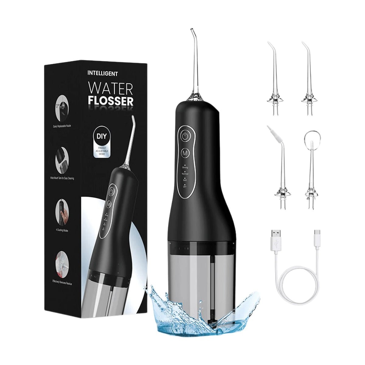 Hydropulseur sans fil Sunluxy L5 - Noir - 140 PSI - 4 modes - Réservoir de 260 ml - 5 embouts - IPX6 - 7,4 x 7 x 24 cm