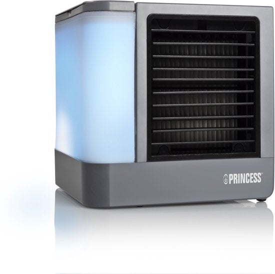 Princess 355500 Premium Mini climatiseur 14,2 x 14,2 x 14,8 cm – Climatiseur portable pour bureau ou chambre à coucher – Refroidisseur d'air USB-C, éclairage LED 7 couleurs, filtre d'évaporation d'eau amovible, refroidisseur personnel, compact pour la mai