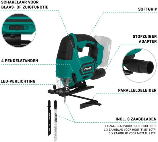 VONROC Accu Jigsaw 20V - 4 positions du balancier - Angle de coupe réglable de -45° à 45° - Lampe de travail LED - Fonction d'aspiration et de soufflage - 3 lames de scie incluses - Batterie et chargeur inclus