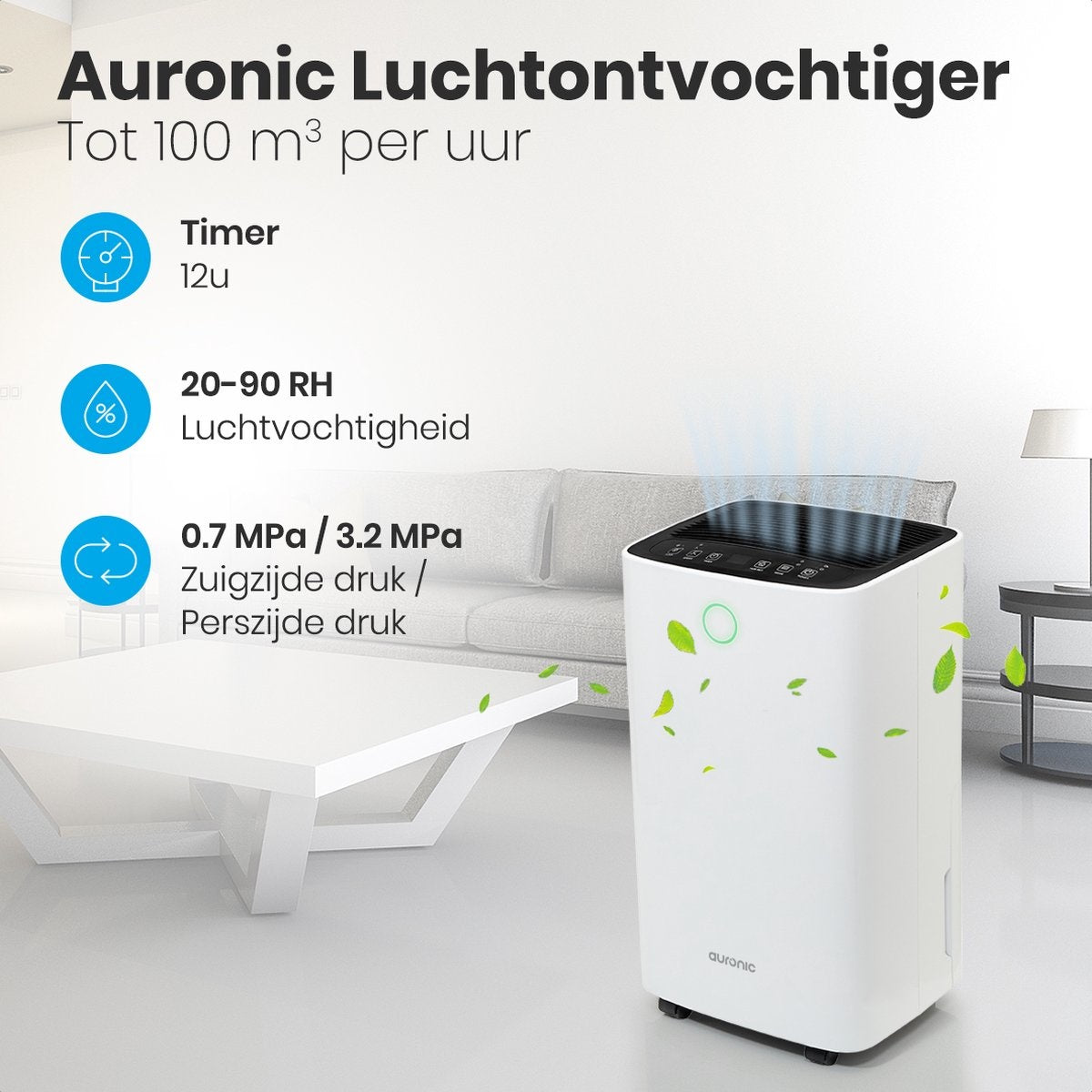 Déshumidificateur Auronic - 12 litres par jour - Fonction Lavage-Séchage - 185 W - 30,5 x 26,5 x 52 cm - Blanc