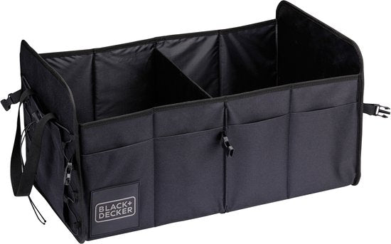 Boîte de rangement BLACK+DECKER pour coffre de voiture - 59 x 36 x 30 cm - 2 compartiments - Compartiments latéraux supplémentaires - Avec poignées - Noir
