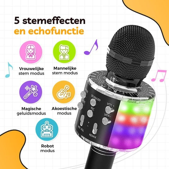 AyeKids 5-in-1 Karaoke Microphone - Sans fil & Bluetooth - Haut-parleur intégré & lumières Disco - Câble AUX inclus - Microphone Kids - Karaoke Set - Noir