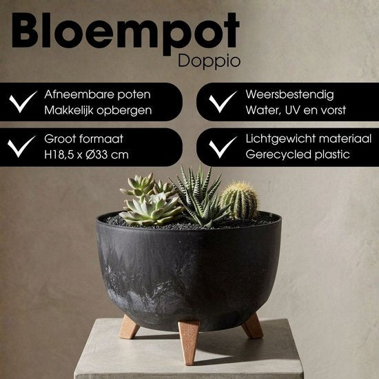 Jardinière sur pieds Doppio de Mica Decorations - 18,5 x Ø33 cm - Jardinières d'extérieur - Jardinières de balcon - Plastique recyclé - Noir