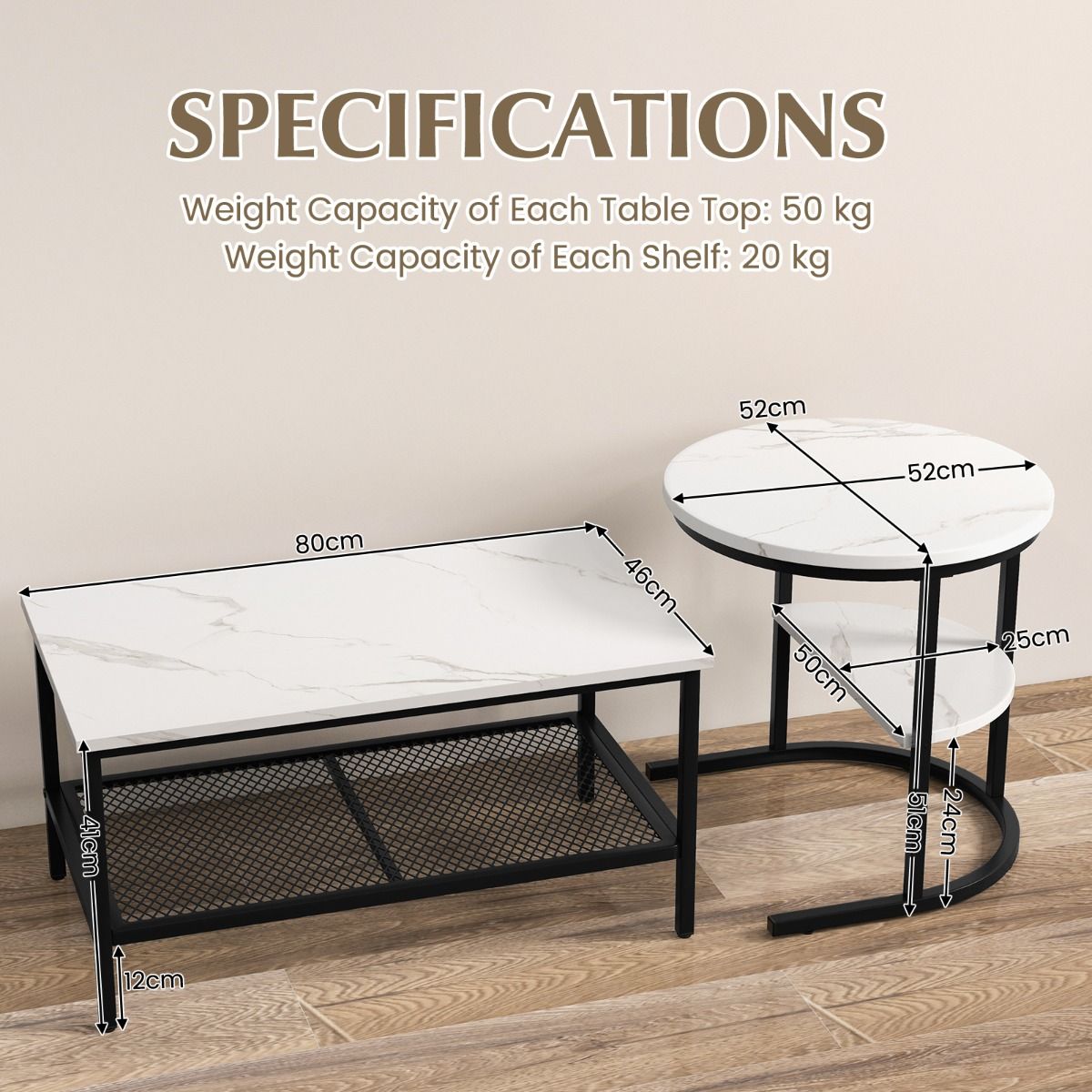 Ensemble de tables d'appoint Coast - table basse et table d'appoint - plateau aspect marbre - noir et blanc