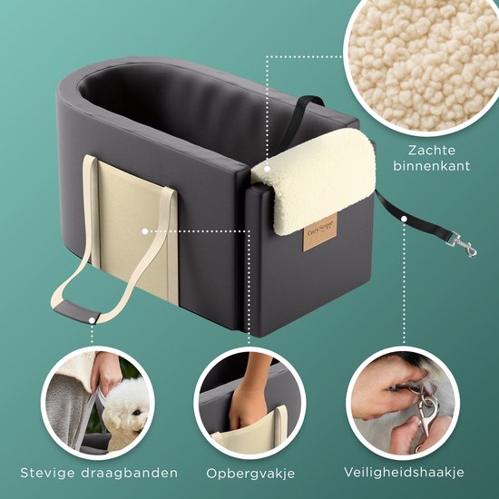 CozySense® Siège auto pour chien - Panier auto pour chien avec housse lavable - Pour petit chien - S'adapte à la console centrale - Sert également de sac de transport - Noir/Beige