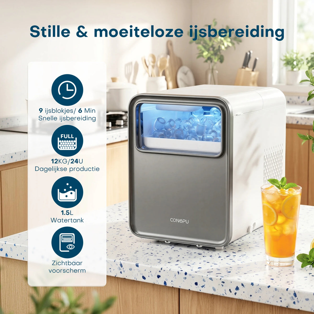 Machine à glaçons CONOPU – Autonettoyante, 9 glaçons sphériques en 6 à 8 min, 2 tailles de glaçons, 12 kg/jour, 1,5 L, silencieuse et compacte – 35 × 23 × 30 cm, bleu glacier