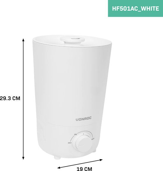 VONROC Humidificateur 2,6 litres - ultrasonique - sortie de brume 360° - blanc