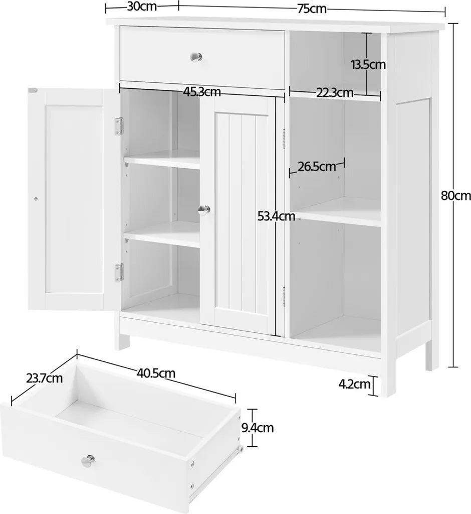 Armoire de salle de bains Yaheetech 75 x 30 x 80 cm - Blanche - Armoire de rangement avec tiroir, porte et étagères réglables