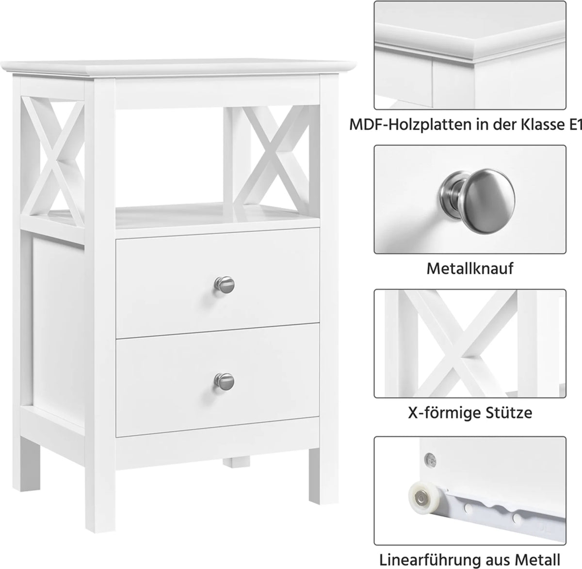 Table de chevet à 2 tiroirs et étagère ouverte, piètement métallique en forme de X, blanc, 40 × 30 × 60 cm