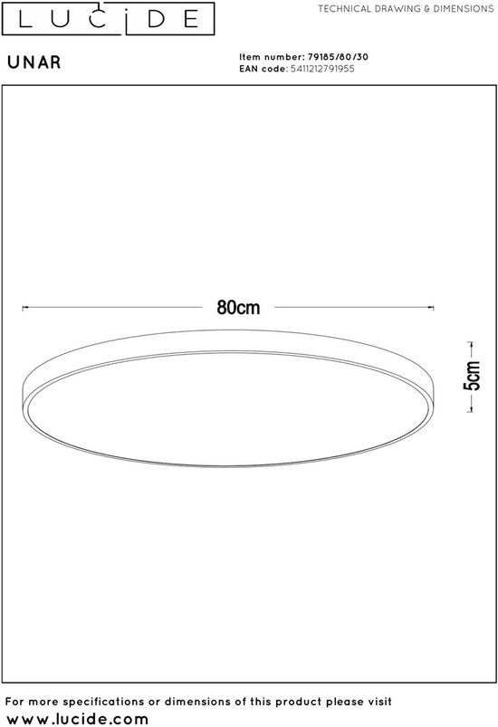 Lucide UNAR - Plafonnier - Ø 80 cm - LED 3 StepDim - 1x80 W 2700 K - Noir