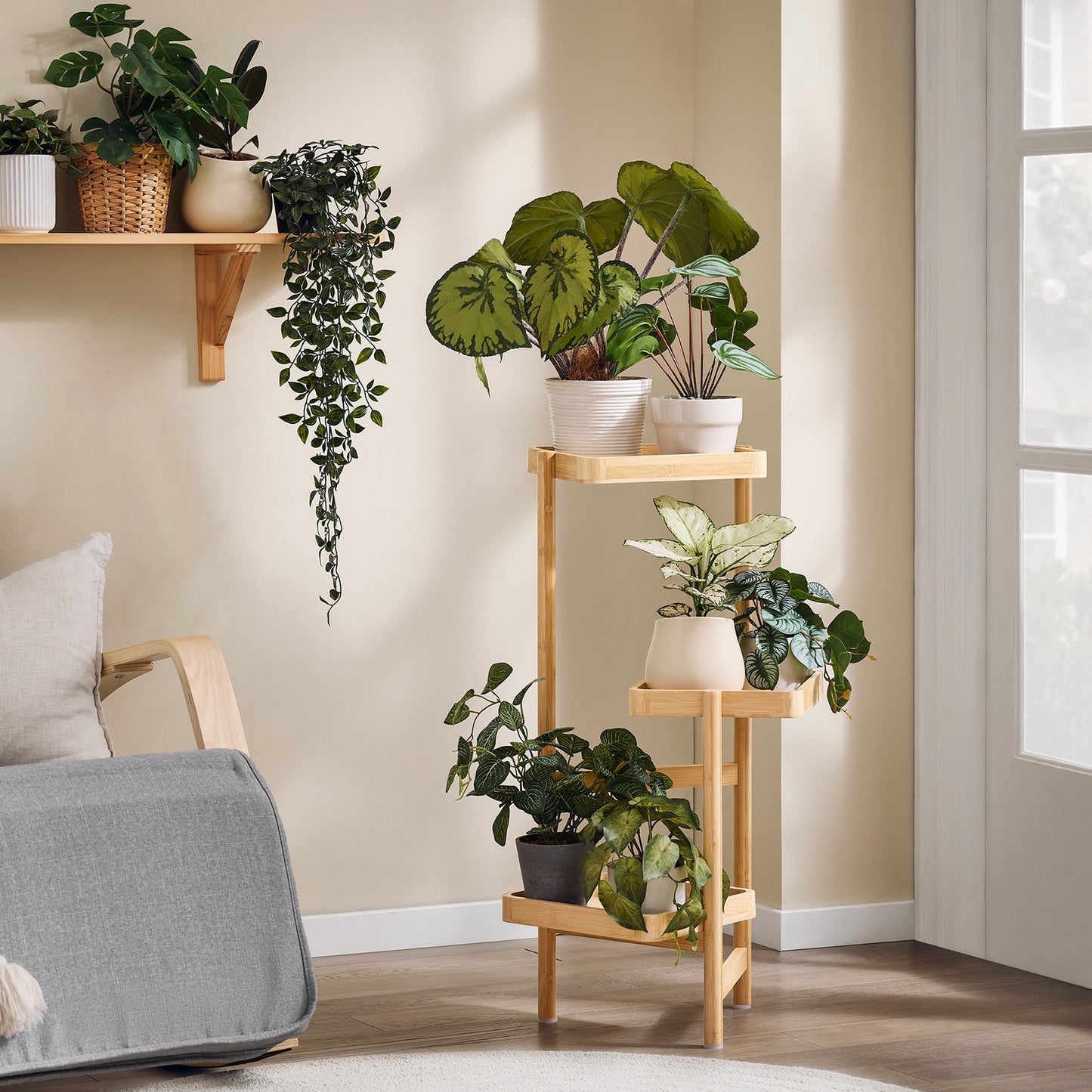 SoBuy STR12-N Support à plantes en bois à 3 étages - bambou naturel, 31 x 78 x 27 cm, pour 3 pots
