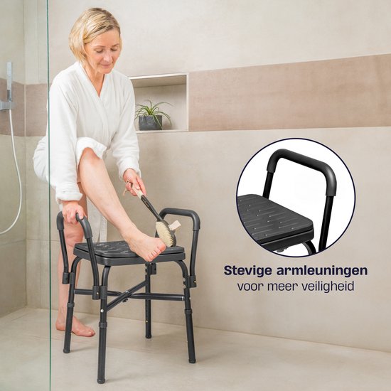 Sanicraft® Chaise de douche - Tabouret de douche avec accoudoir et support de pommeau de douche - chaise et tabouret en 1 - hauteur réglable - pieds antidérapants - noir