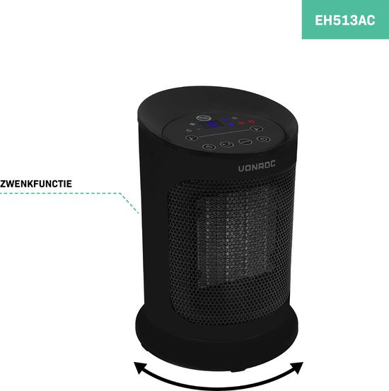 VONROC Chauffage électrique - chauffage soufflant - 1200W/1800W - céramique - 3 réglages - thermostat - minuterie - affichage LED - fonction swing - télécommande incluse - 20m2