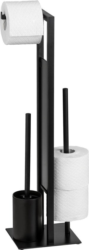 WENKO Toiletbutler Rivalta noir - Brosse de toilettes avec support, porte-rouleau et porte-rouleau de réserve sur pied
