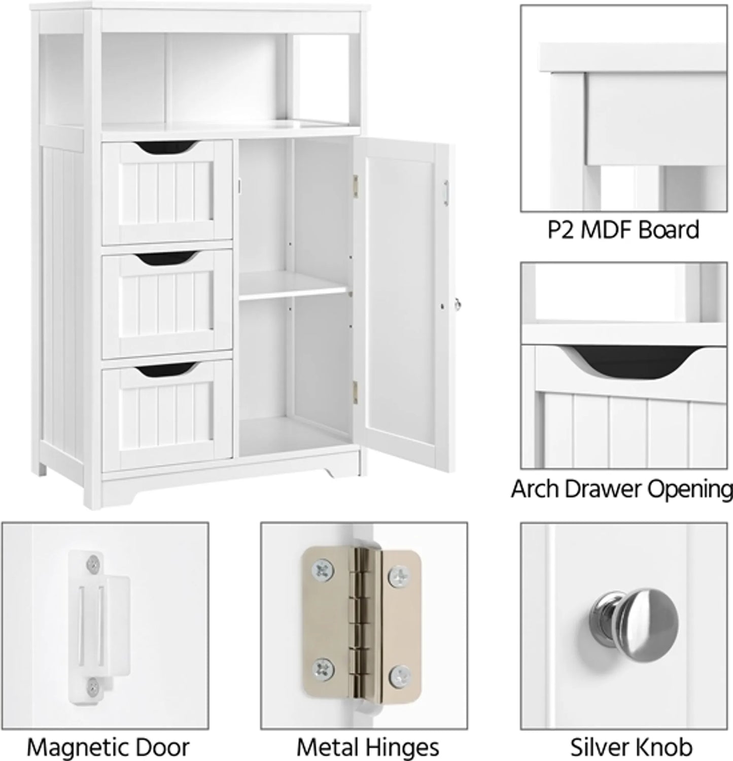 Yaheetech Meuble de salle de bain blanc - 3 tiroirs et meuble avec étagère réglable et rangement ouvert - Pour salon et chambre - Mdf blanc et métal - 55.5 x 29.5 x 86.5 cm