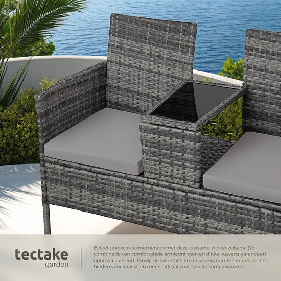 tectake® - banc de jardin en osier avec table, banc 2 places, 131 x 61 x 82 cm, banc pour balcon et terrasse, banc de jardin avec coussin d'assise - gris/gris clair - poly-rattan