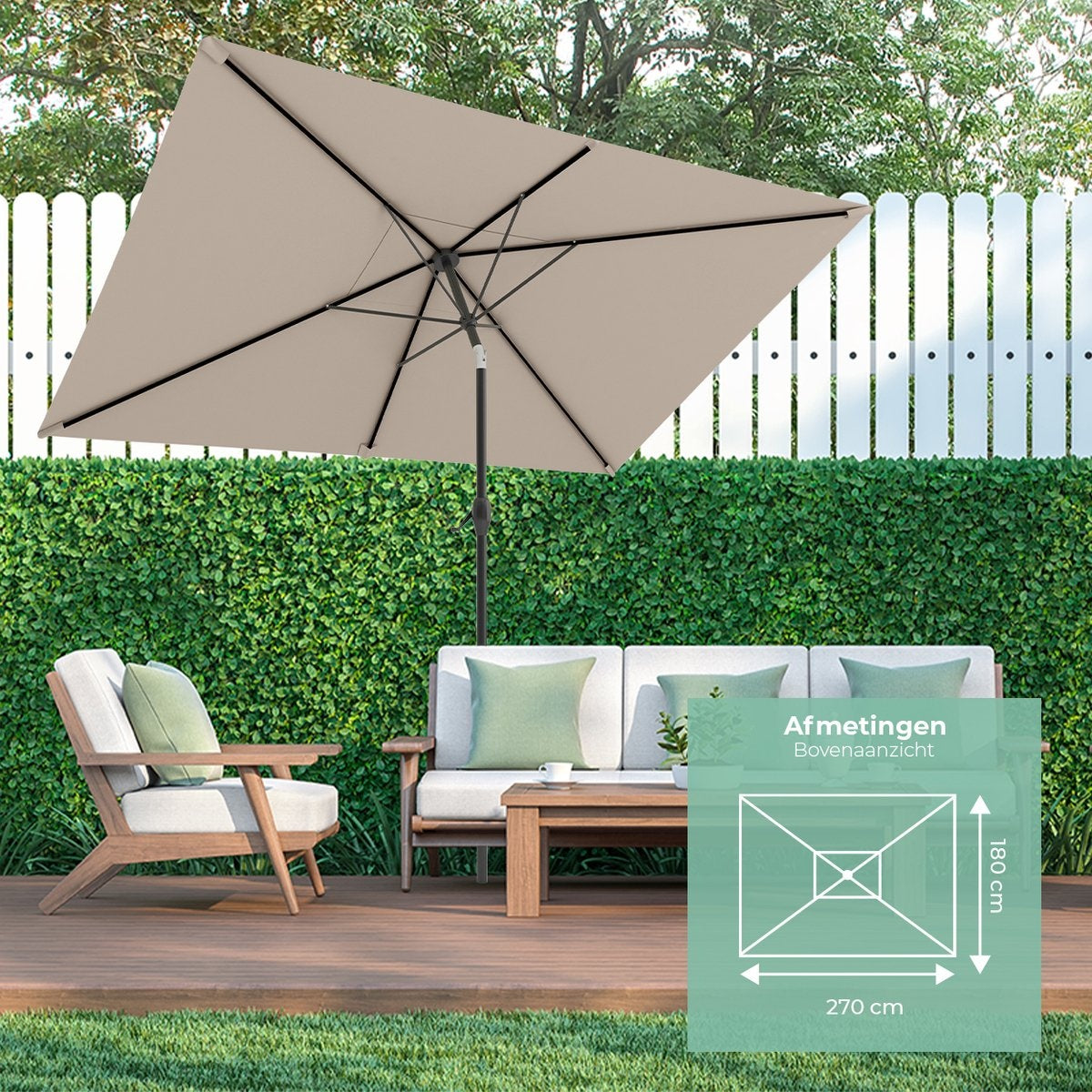 Parasol Lifegoods - 270x180cm - terasse et jardin -30° inclinable - imperméable - avec housse - Taupe