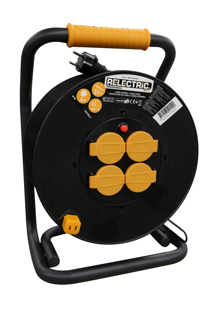 Relectric Kabelhaspel 25m - 4 stopcontacten – 3000W - Met oprolknop - Randaarde - IP44 - geschikt voor buitengebruik