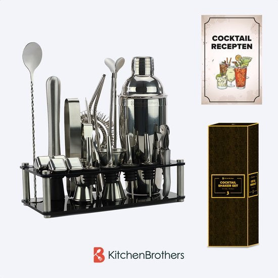 KitchenBrothers Set de cocktails avec shaker - 24 pièces - Set complet - Emballage cadeau - Noir/Acrylique