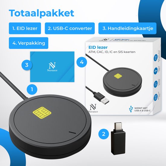 Lecteur de cartes d'identité Nuvance Id - Lecteur eID Belgique - Pour cartes d'identité belges, cartes bancaires et badges d'entreprise - Lecteur de cartes d'identité USB