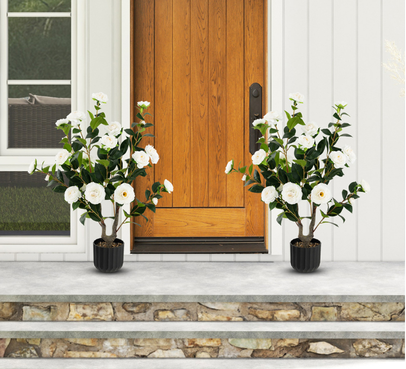 Plantes artificielles Coast Camelia - 2 pièces - En pot - 100 cm - Fleurs blanches