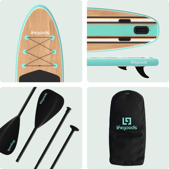 LifeGoods PaddlePro SUP Board - avec siège - Planche à pagaie gonflable - Ensemble complet - Max. 150KG - 320x81cm - Bois/Vert Menthe