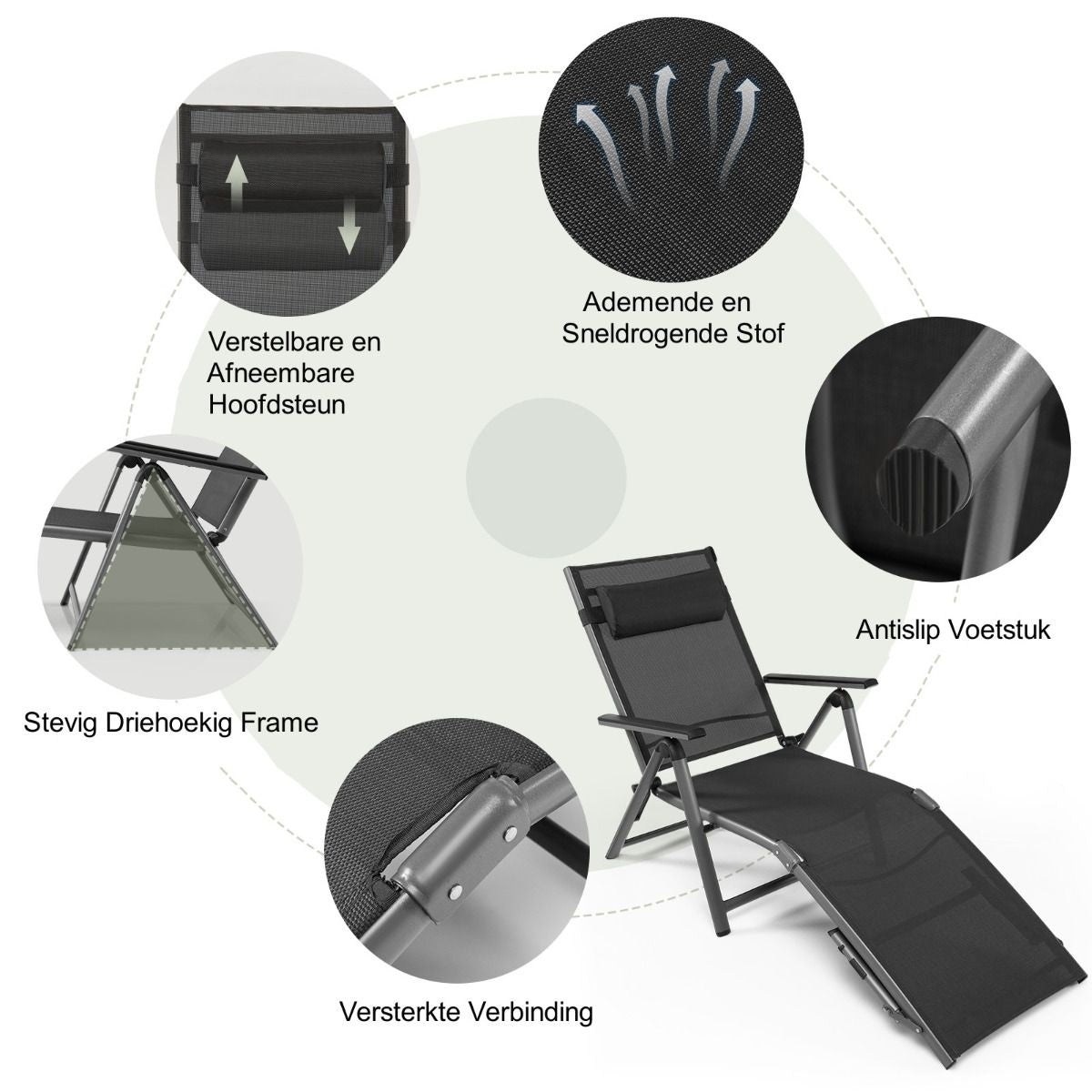 Coast Terrace chaise longue de patio pliante inclinable avec 8 dossiers réglables noir