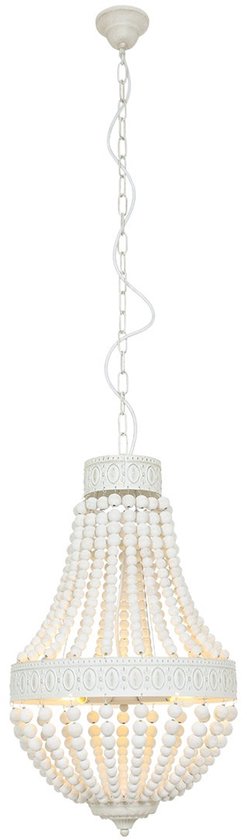 Suspension Ella 10191W - Lampe tendance à perles blanches en bois et métal, hauteur réglable de 70 à 155 cm - Marque : Mexlite