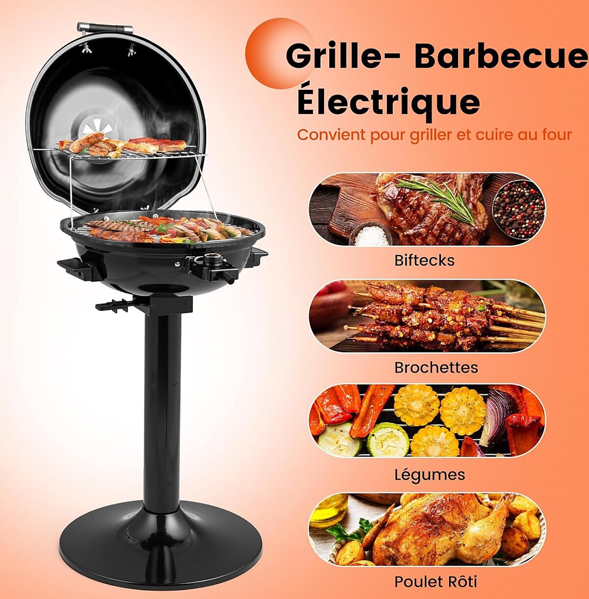 Barbecue électrique GrillMaster 1 600 W – Grille de cuisson de 44 cm – Noir/Rouge – 52 x 44 x 82 cm