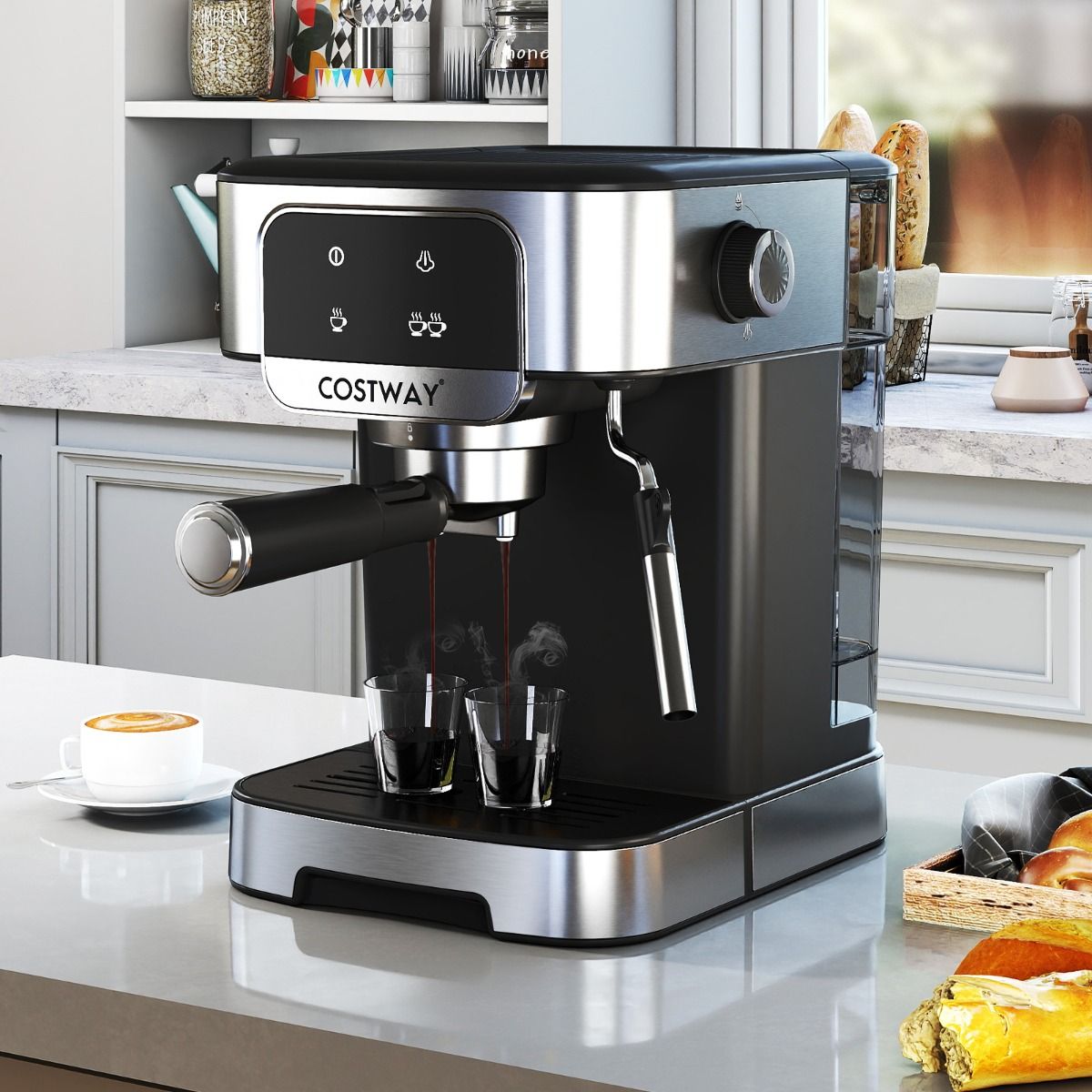 Machine à expresso Coast 20 bars 1 200 W - Mousseur à lait à vapeur - Réservoir d'eau de 1,8 L - Écran tactile - Noir/Argent - 26 x 21 x 28 cm