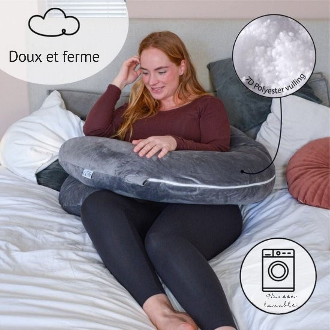 Coussin de grossesse Ella - soie - Coussin de corps - Housse amovible en polaire Minky - 150x70cm - Gris