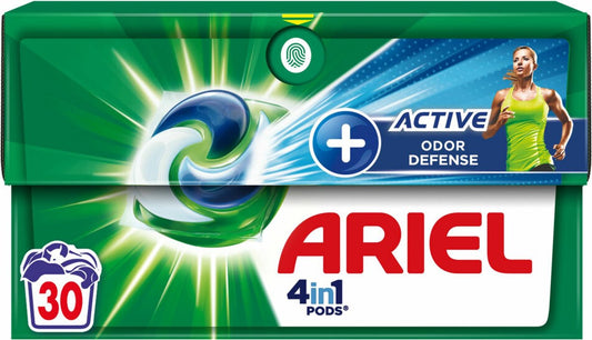Détergent en dosettes Ariel 4in1 - Contrôle actif des odeurs - 30 pièces - soluble dans l'eau froide - Détergent en capsules - Boîte en carton ECOCLIC