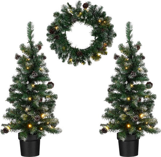 Black Box Trees Norton Ensemble de 2 arbres de Noël artificiels et 1 couronne de Noël avec lumières LED - Vert givré