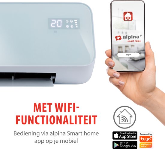 alpina Chauffage électrique et ventilateur - Chauffe-ventilateur avec Wifi - Convecteur mural 2000W - Ventilateur mural avec App Control - Thermostat réglable et fonction minuterie - Blanc