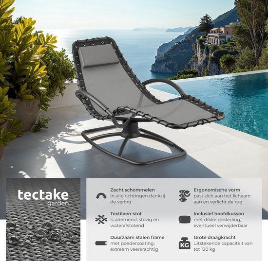 tectake® - Chaise longue Toulon - Fauteuil de jardin ergonomique avec fonction balançoire - Chaise longue réglable pour jardin, terrasse, balcon avec coussin pour la tête et accoudoirs confortables - Capacité de charge 120kg - Gris