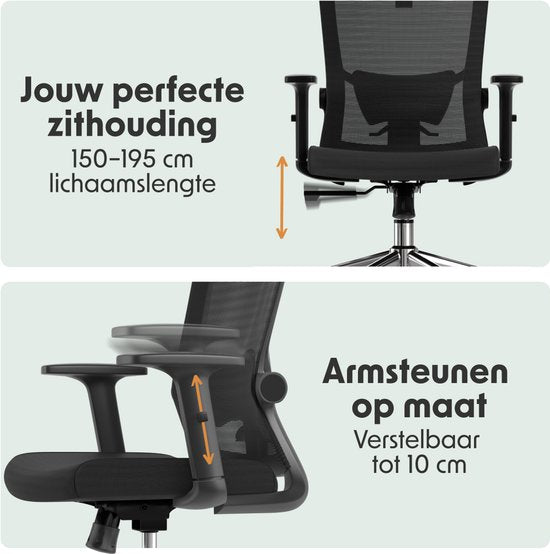LifeGoods Ergonomic Office Chair - Chaise de bureau - Certifiée NEN et SGS - Adultes - Appui-tête - Noir/Chrome