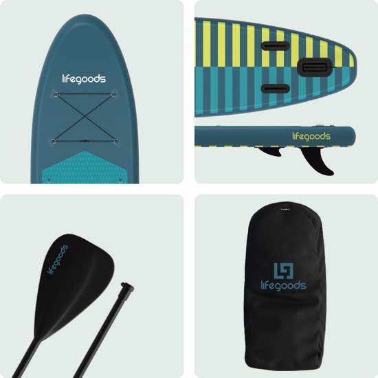 LifeGoods SUP Board All-round Compact - avec siège - capacité de charge de 100 KG - 300 x 76 cm - gonflable - ensemble complet de SUP - Cyan/Vert foncé