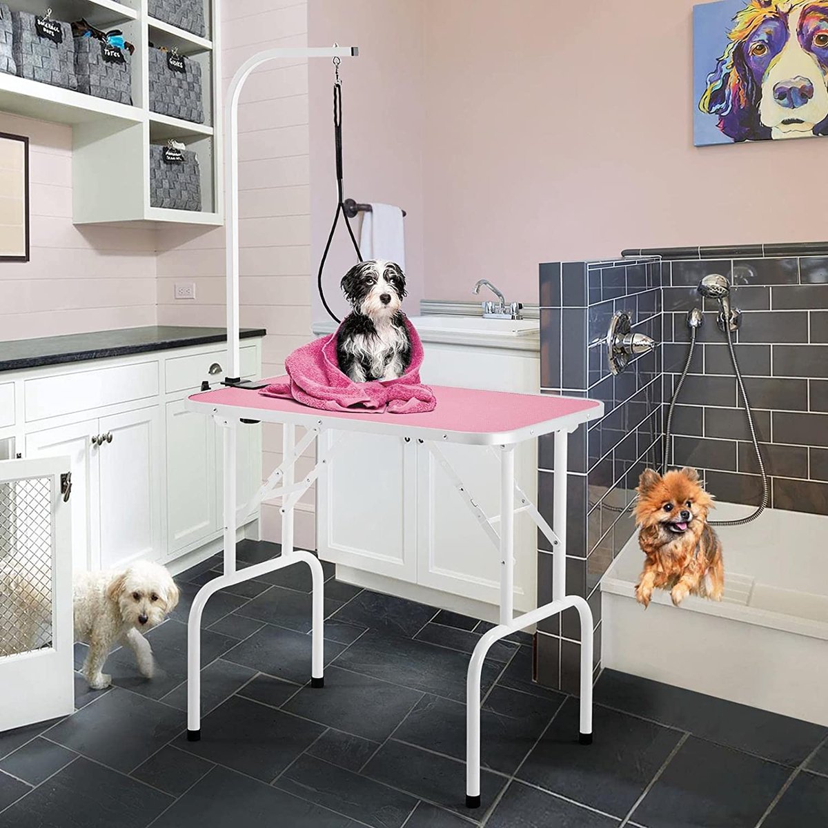 Table de toilettage pour chiens Yaheetech - 100 kg - Réglable - Pliable - Rose