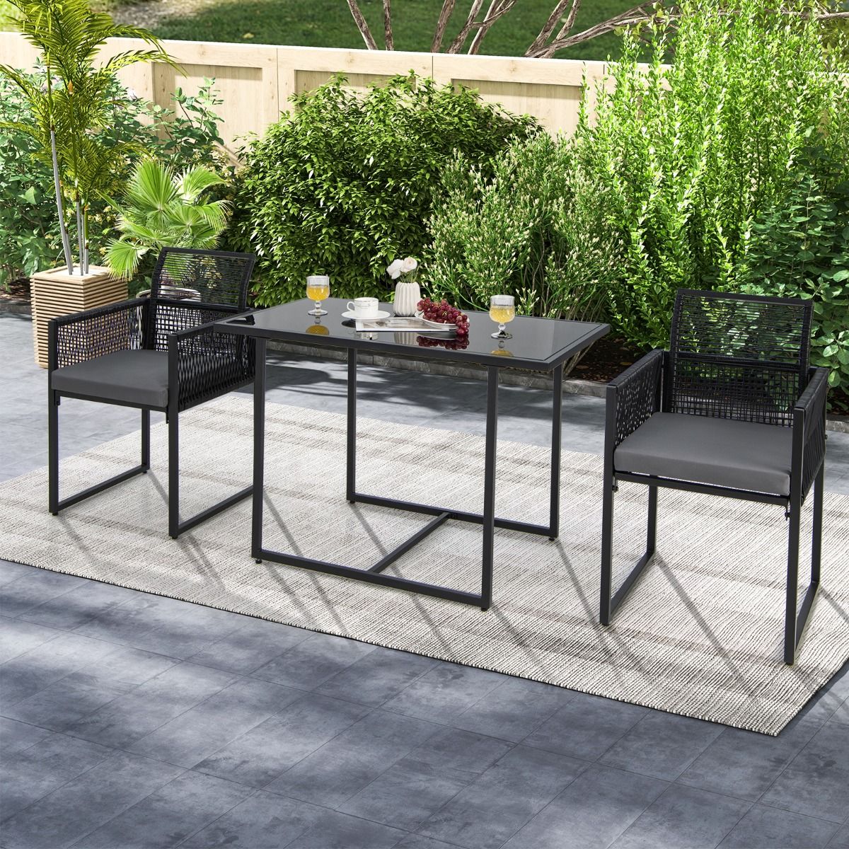 Coast Terrace Furniture Set 3-Piece PE Rattan Black with Folding Backrest, Table 108x60x72 cm and Chairs 54x52x85 cm