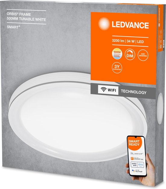 Plafonnier Ledvance Smart WiFi Orbis Frame – Ø 49,5 cm – Panneau LED 32 W avec fonction « Tunable White » et variateur d'intensité – Blanc