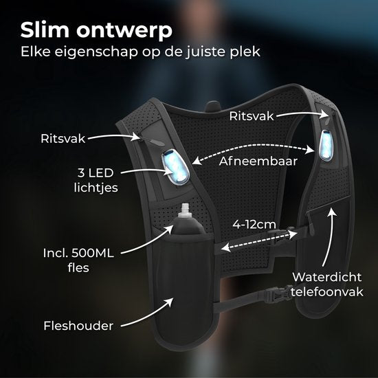 Nuvance Running Vest - 3x LED - Gilet de course à pied avec éclairage - Gilet de course à pied - Gilet de course à pied avec poche pour bouteille d'eau et téléphone - Universel