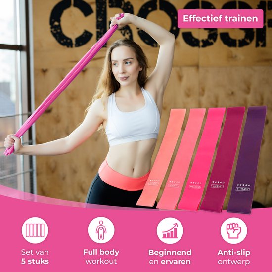 Nuvance - Resistance Bands Set Incl. Carrying Bag - 5 Piece Set - Resistance Band - Fitness Elastic - Incl. eBook - Pink