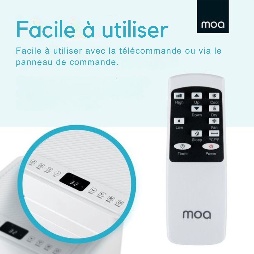 Climatiseur mobile - MOA - 3-en-1 - Déshumidificateur et Ventilateur - télécommande - classe énergétique A - pour pièces jusqu'à 60m³ - Blanc