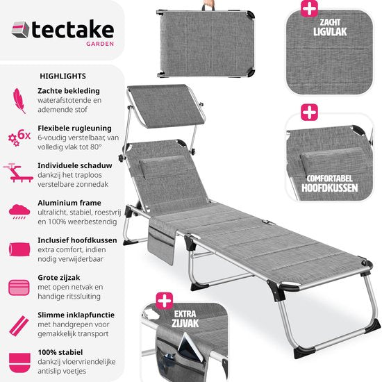 tectake® - Chaise longue Lorella rembourrée, pliable - gris chiné - 220 x 60,5 x 34 cm, avec poche latérale