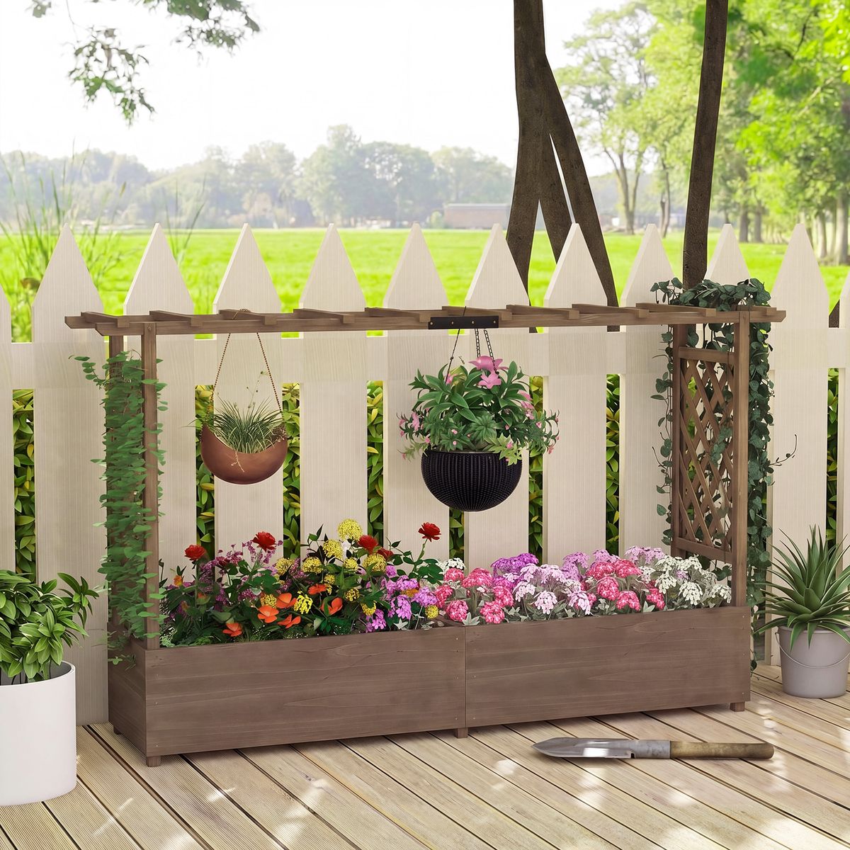 Jardinière Coast avec treillis - toit suspendu - bois de pin massif - marron - 200 x 44 x 114 cm