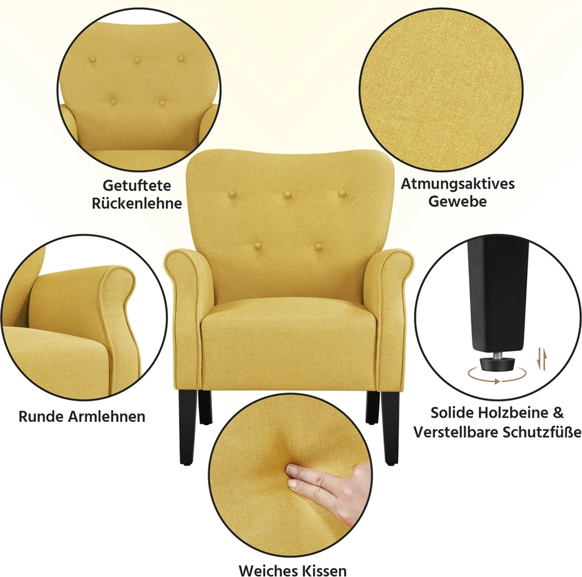Fauteuil de salon Yaheetech avec pieds en bois - 74 x 72 x 94 cm - Jaune