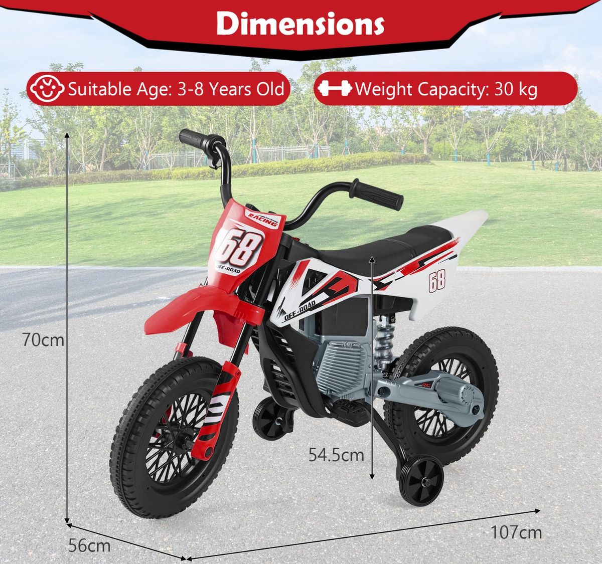 Moto électrique pour enfants Coast - musique et Bluetooth - roues d'appui - rouge