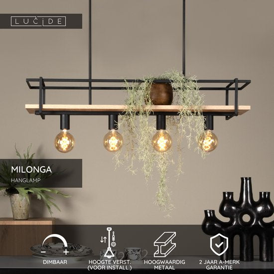 Lucide MILONGA - Suspension - 4xE27 - Noir - Japandi