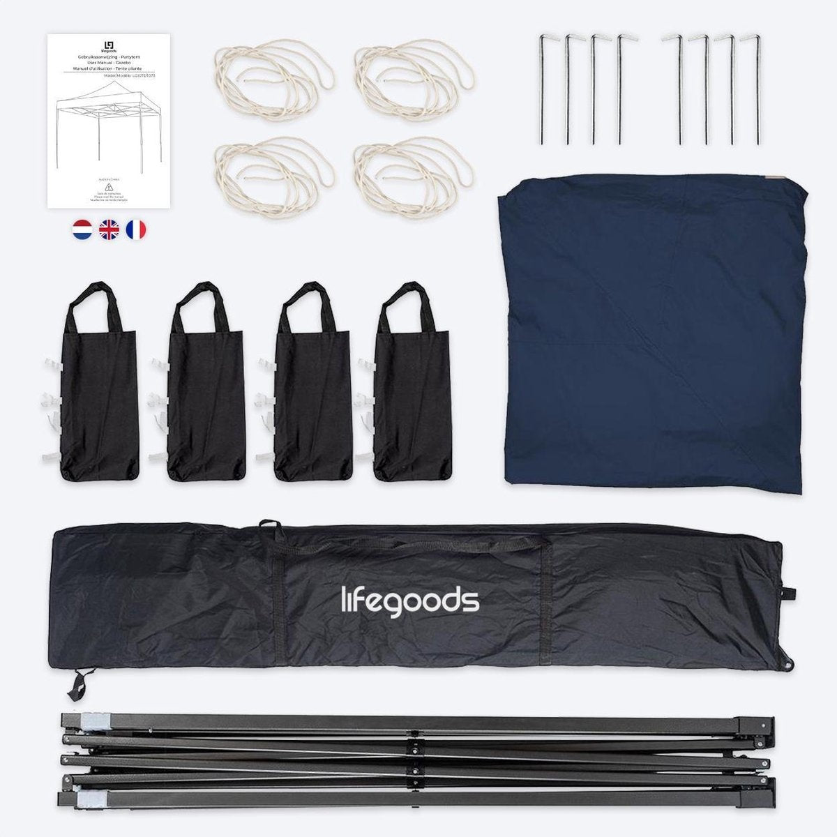 Tonnelle de jardin - LifeGoods - 3x3 m - Facile à monter - Pliable - Imperméable - Sac de transport à roulettes - Bleu foncé